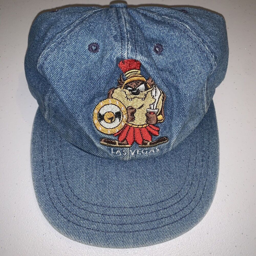 Vintage 90s Tazmanian Devil Taz Las Vegas Warner Brothers Denim Snapback Hat USA